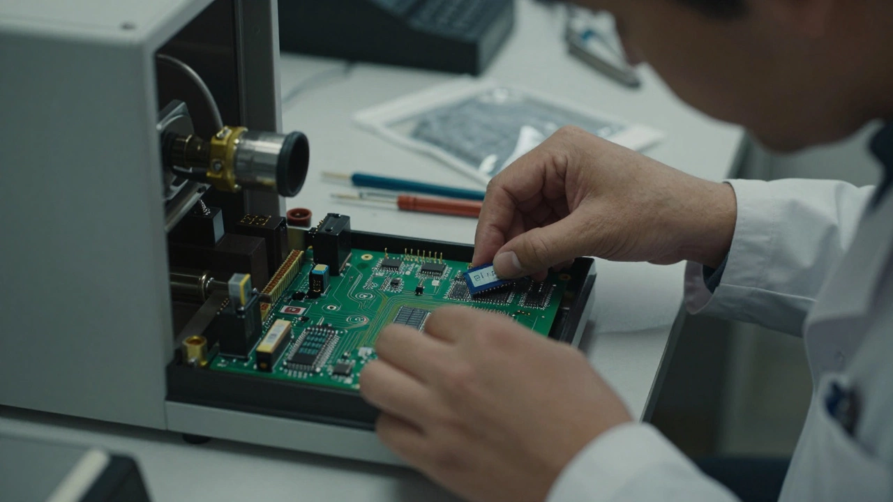 Technician replacing a ROM chip inside a pasteurizer, tools and anti-static bag nearby.