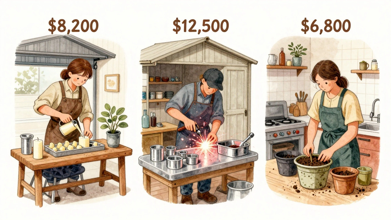 Three small manufacturing startups: candle maker, metal fabricator, and planter creator in home-based spaces.