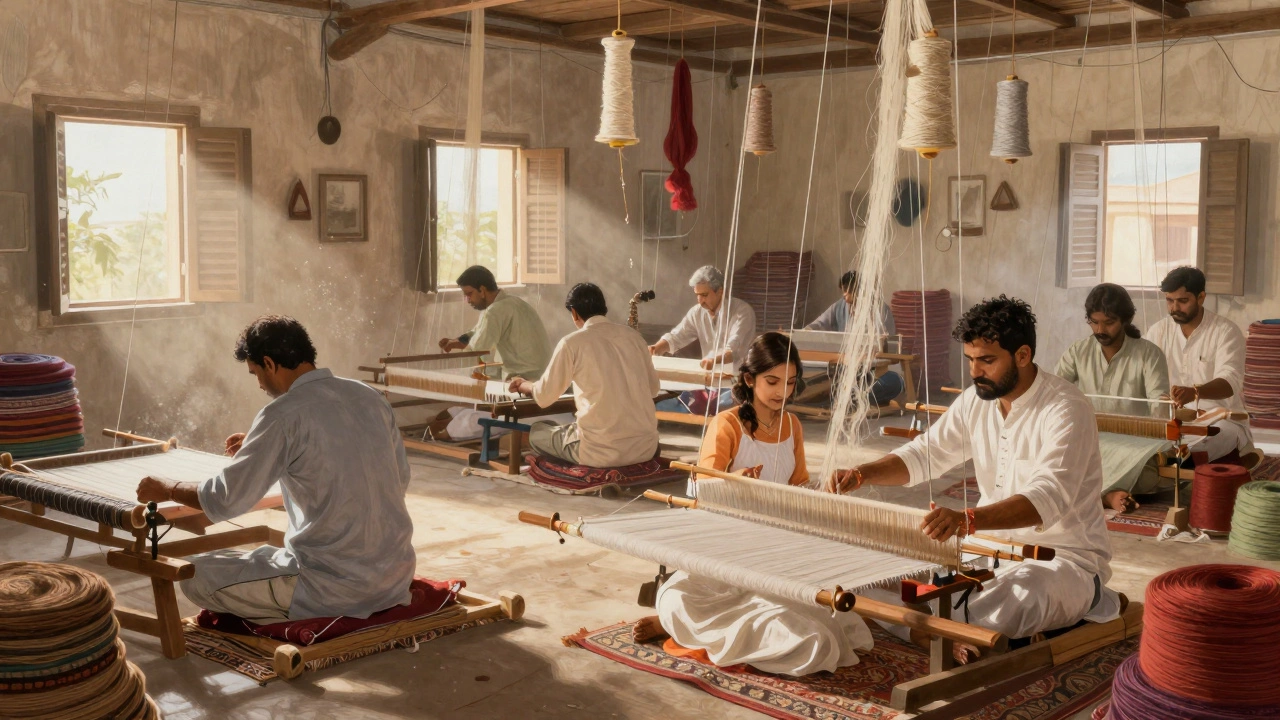 Weavers seated cross-legged at wooden looms in a textile workshop, surrounded by threads and durries.