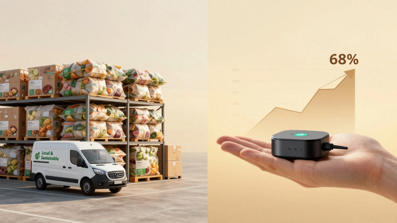 A conceptual comparison of food packaging volume and high-margin electronics device with profit graph.