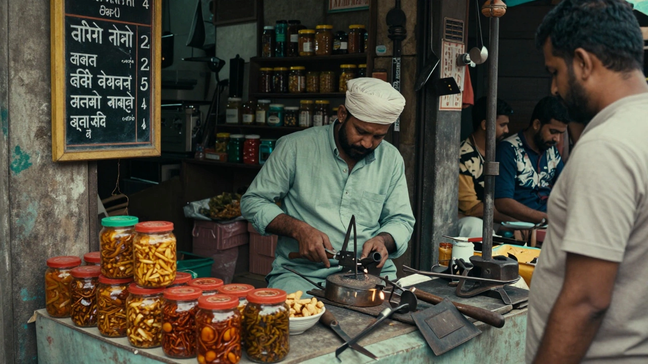 A local market stall with handmade metal tools and pickles in India.