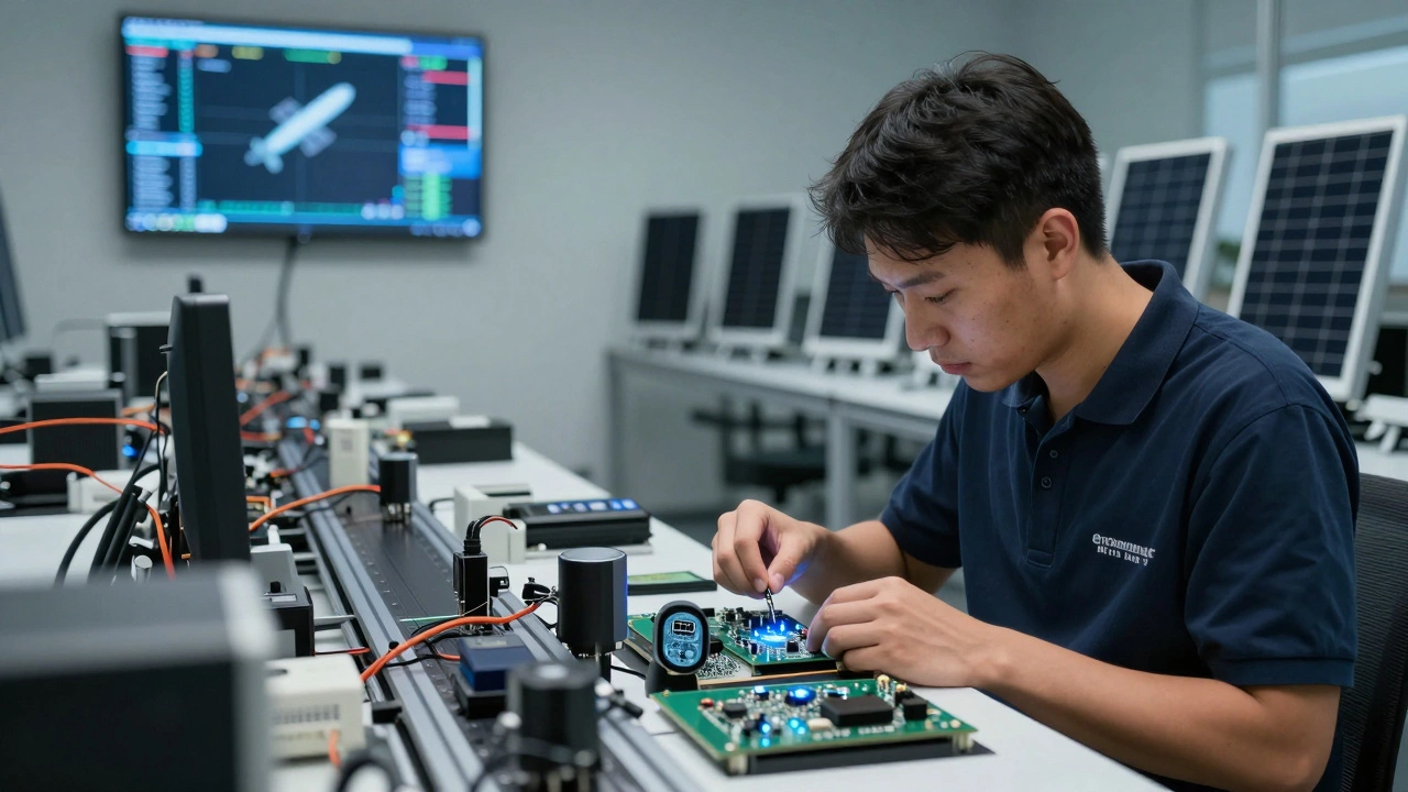 A technician assembling small IoT sensors on a high-tech electronics production line.