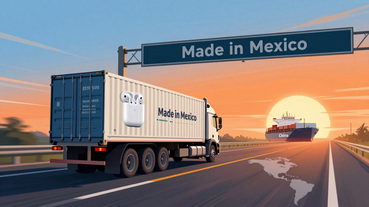 A truck speeding from Mexico to the U.S. with Tesla and Apple products inside, contrasted with a slow cargo ship from China.