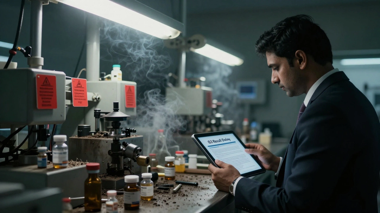 An Indian manufacturing facility with unclean equipment and warning tags under dim lighting.