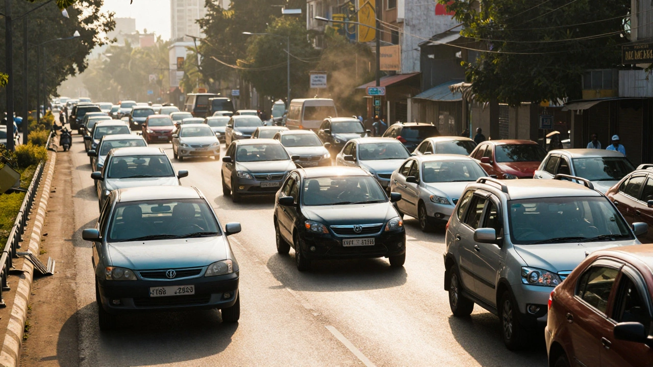 Busy highway with mixed sedans and SUVs driving during sunset.