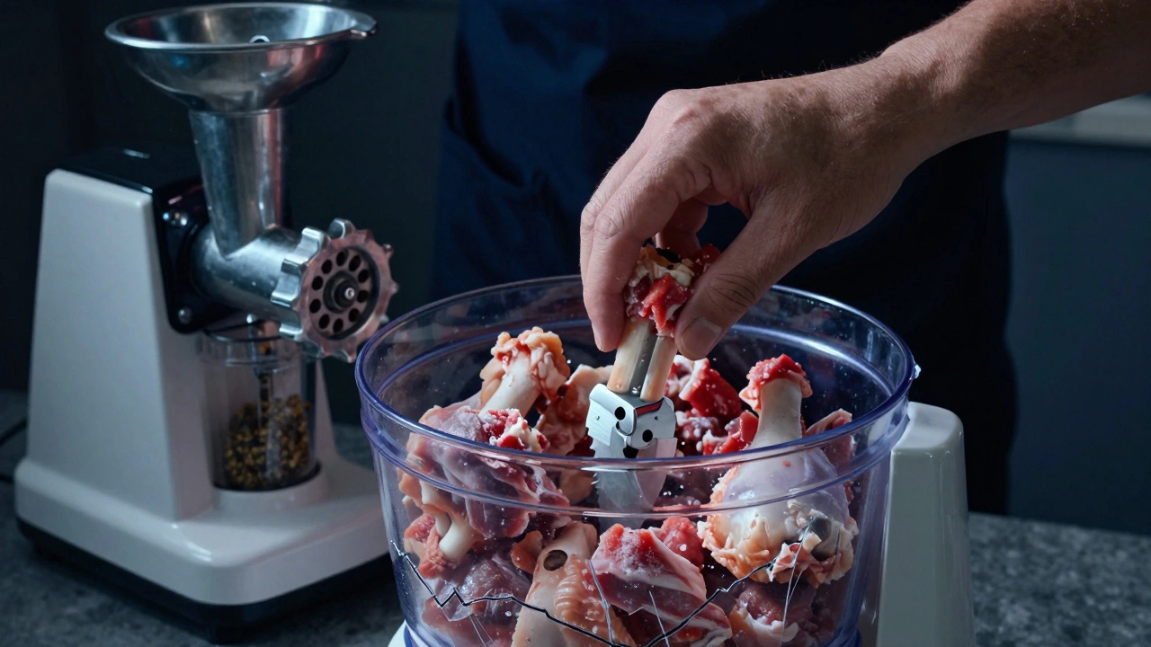 Chipped blade inside cracked bowl filled with bones and frozen meat, alternatives visible.