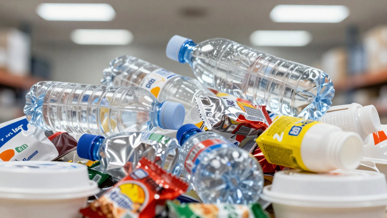 Close-up of accumulated single-use plastic packaging waste and wrappers.