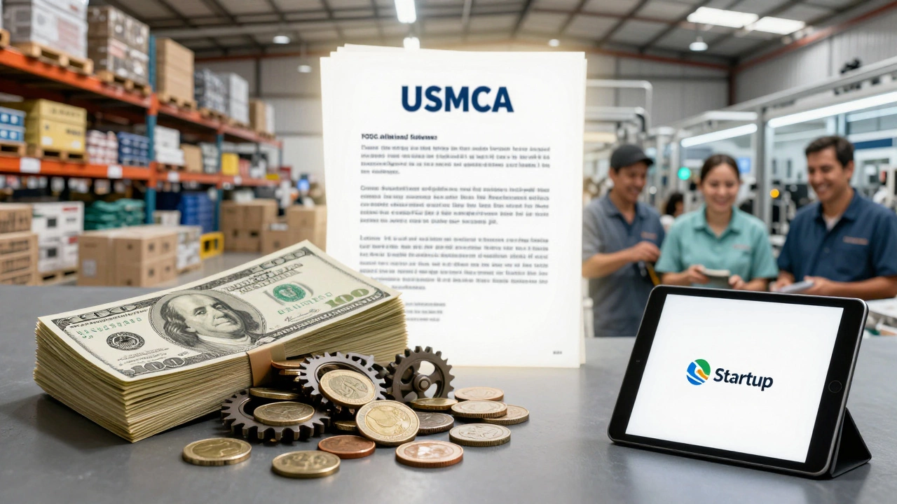 Dissolving dollar bills turning into factory gears, showing cost savings between U.S. and Mexican manufacturing.