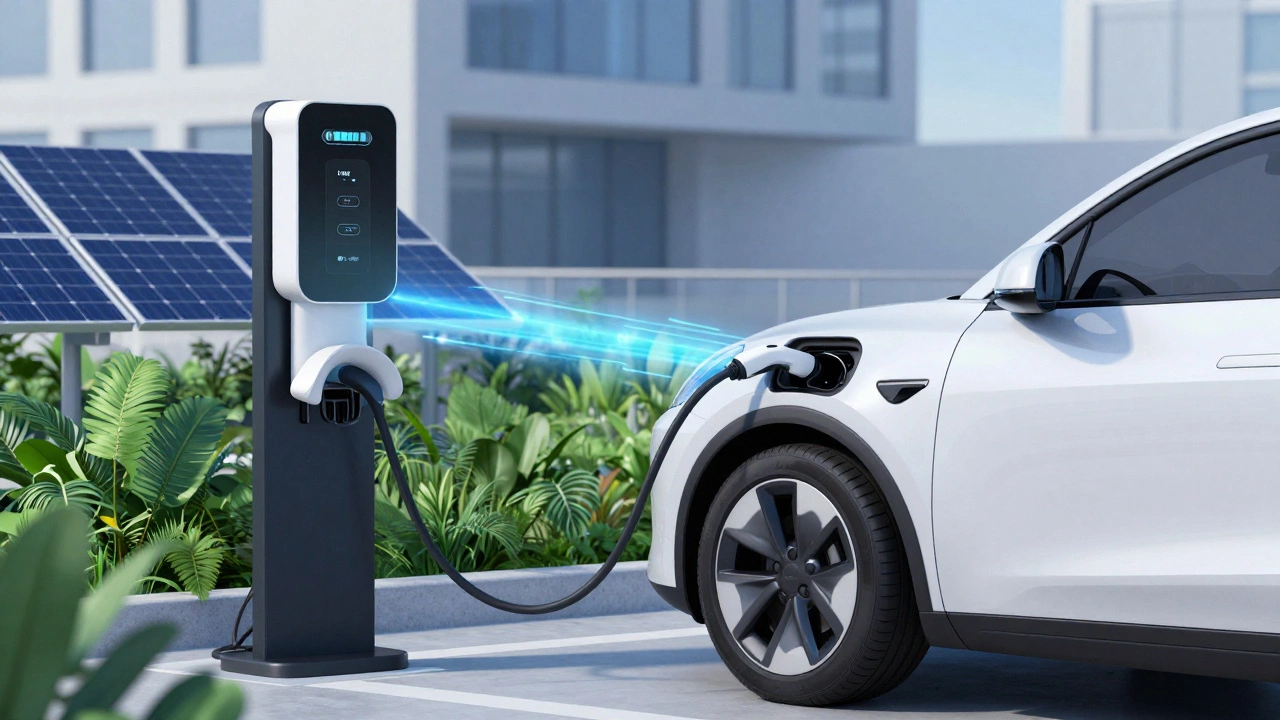 Electric vehicle charging at a modern station with green energy.