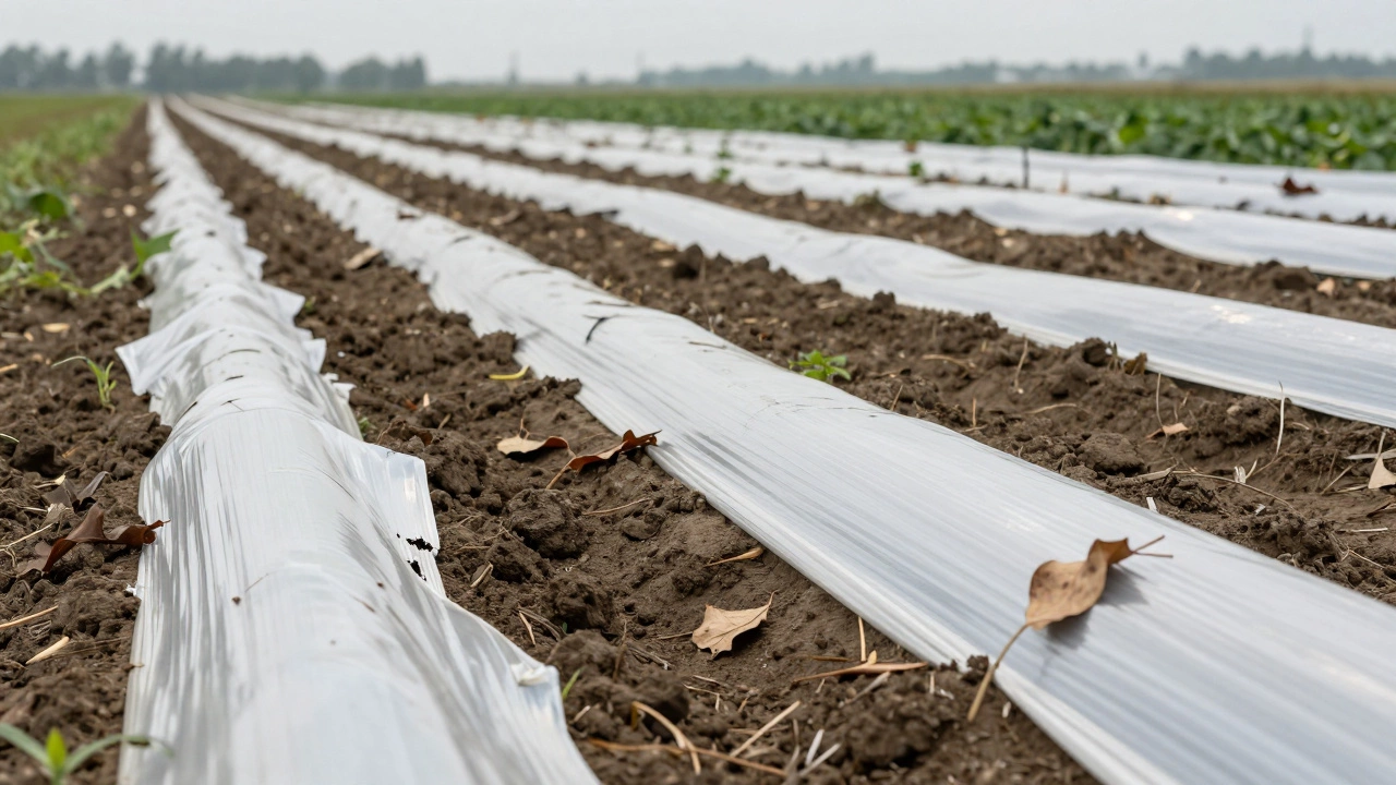 Farm field with discarded agricultural plastic mulch sheets on soil.