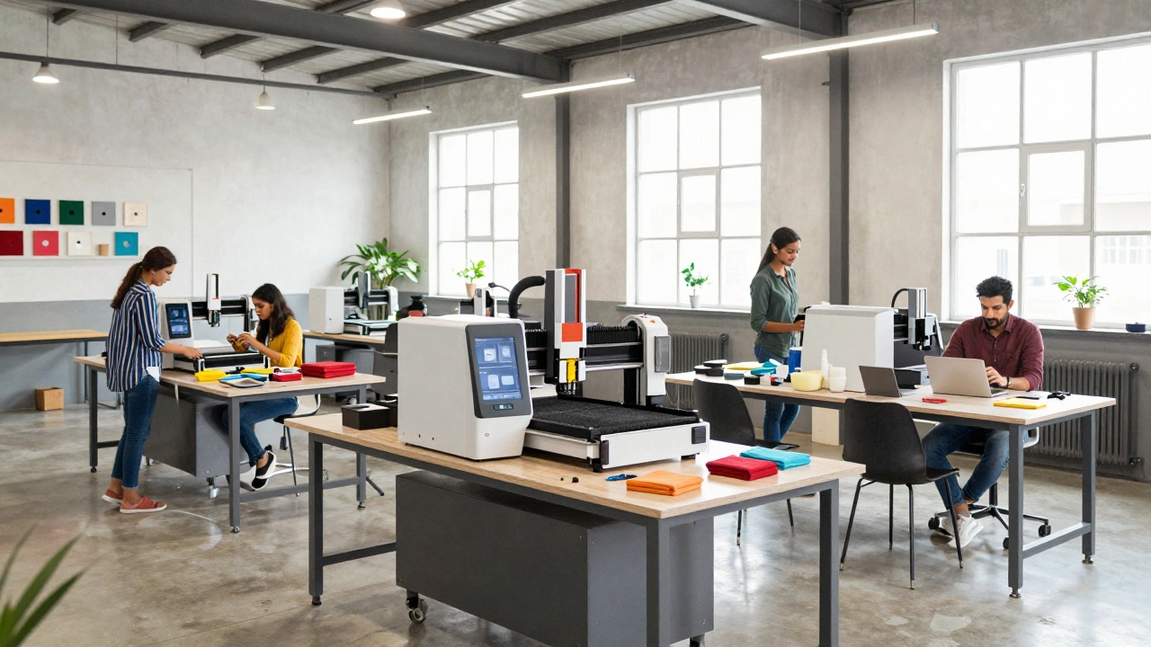 Five small manufacturers sharing a workshop with CNC and 3D printing tools in India.