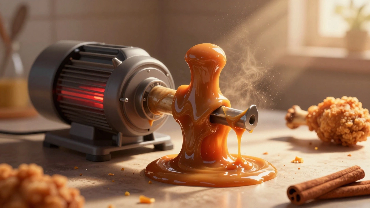 Food processor blade clogged with sticky caramel and nut butter, motor overheating.