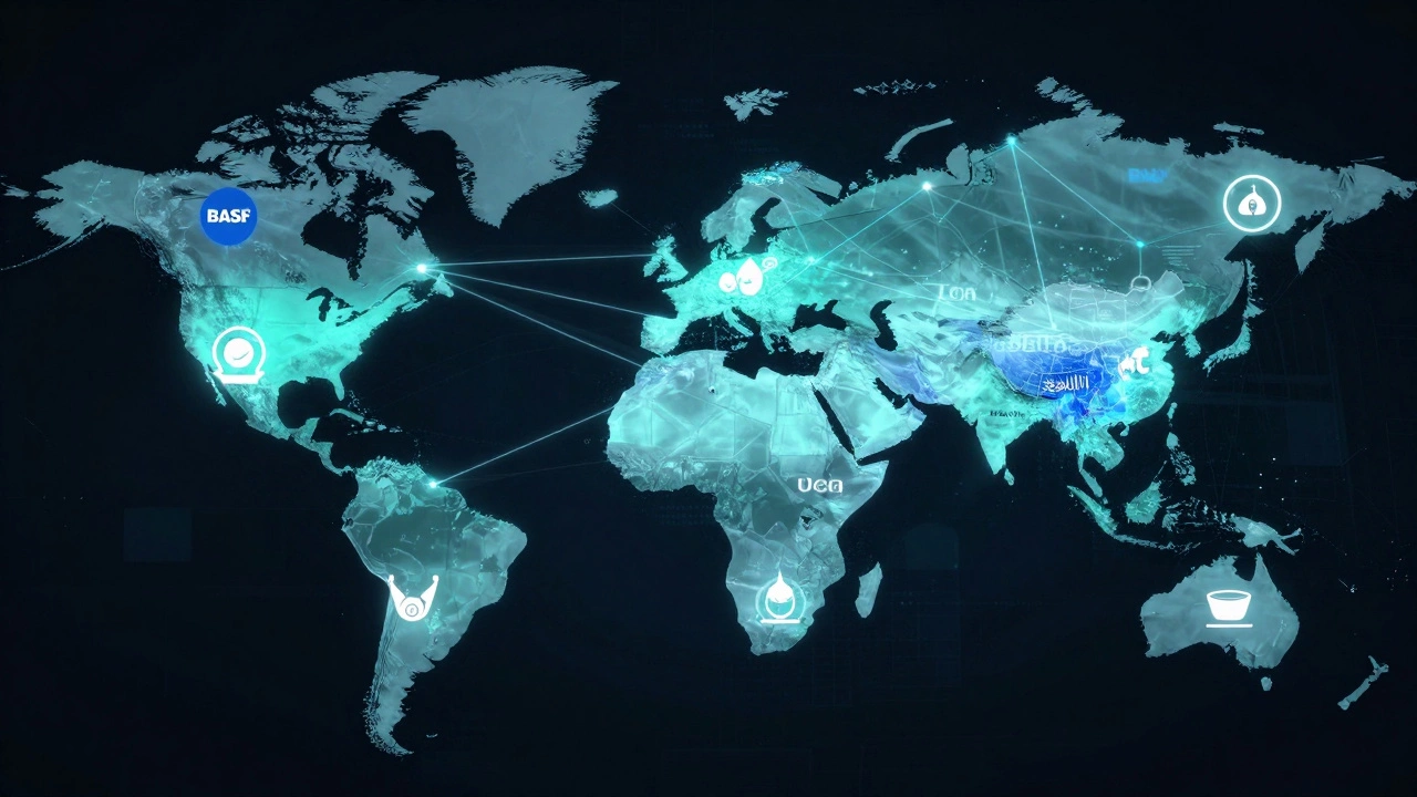 Global network map highlighting BASF's key production hubs and product flows across continents with glowing connections and chemical icons.
