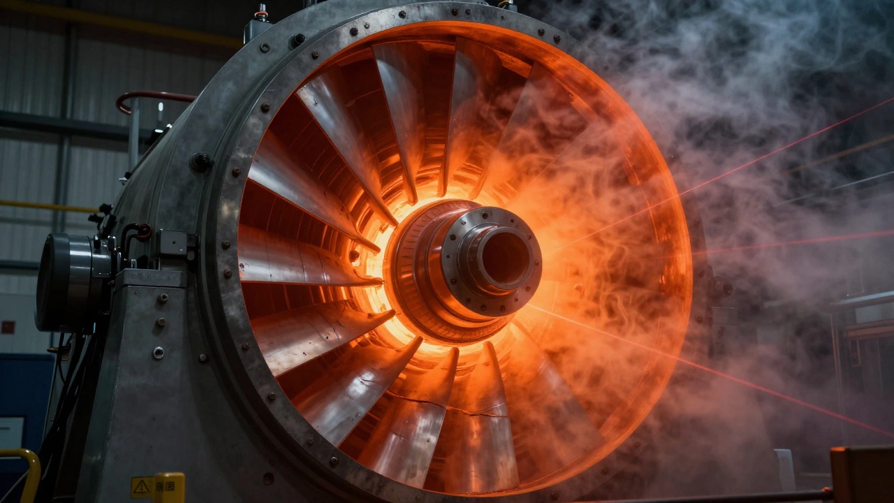 Orange turbine blade glowing in dark test chamber
