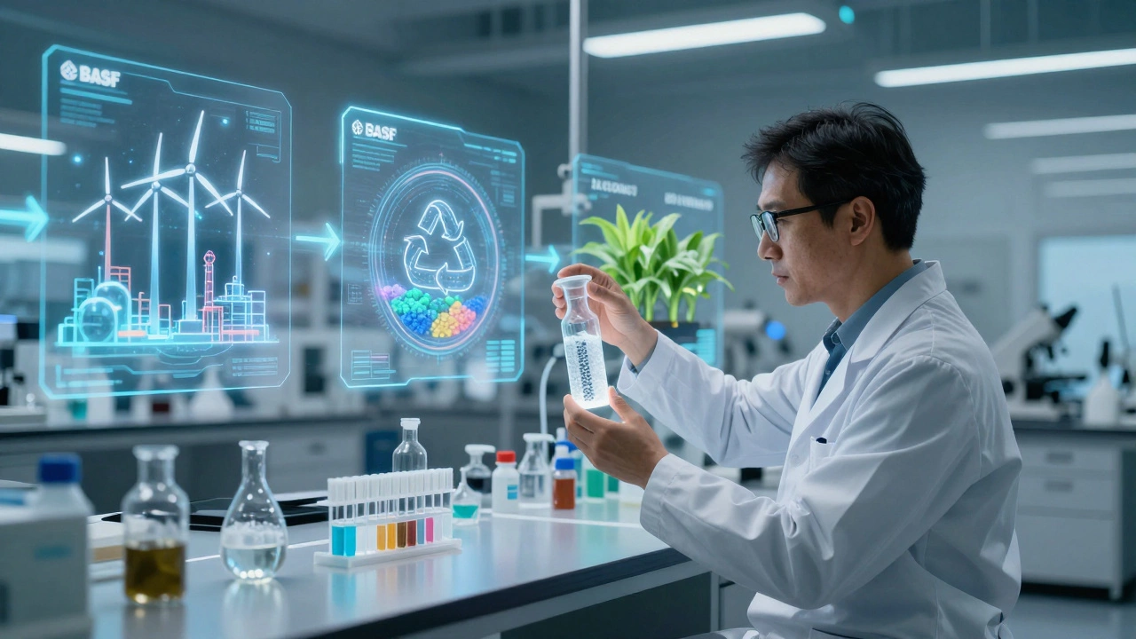 Scientist in a lab examining a glowing biodegradable polymer, with holograms showing sustainable chemical production and recycling processes.