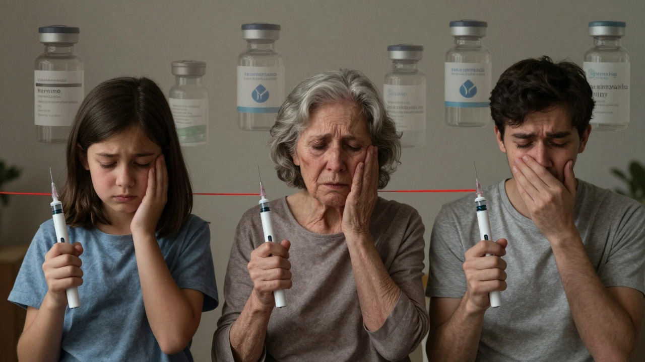 Three patients holding Humira pens, with ghostly images of contaminated vials behind them.