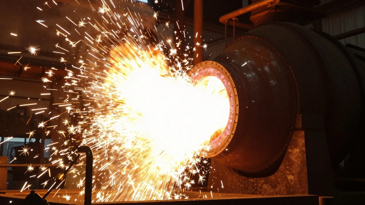 A Bessemer converter erupting with molten steel and bright sparks during production
