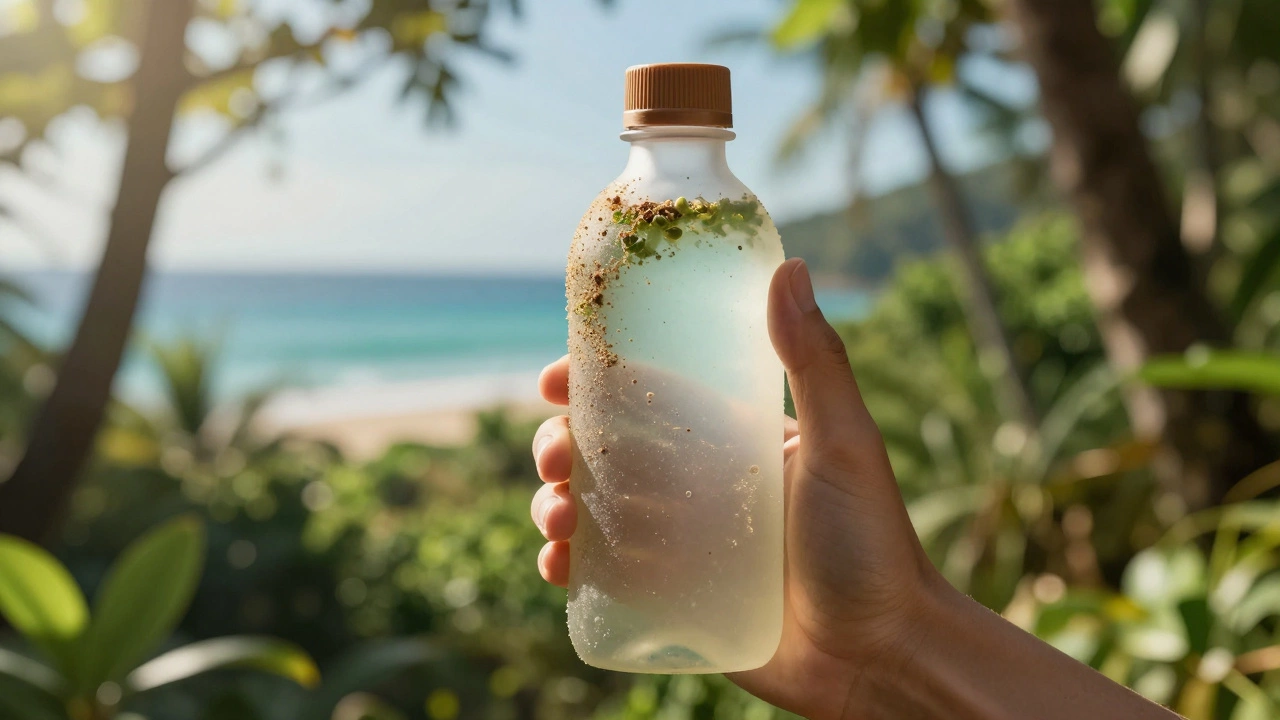 A sustainable biodegradable bottle held against a backdrop of a clean natural environment.
