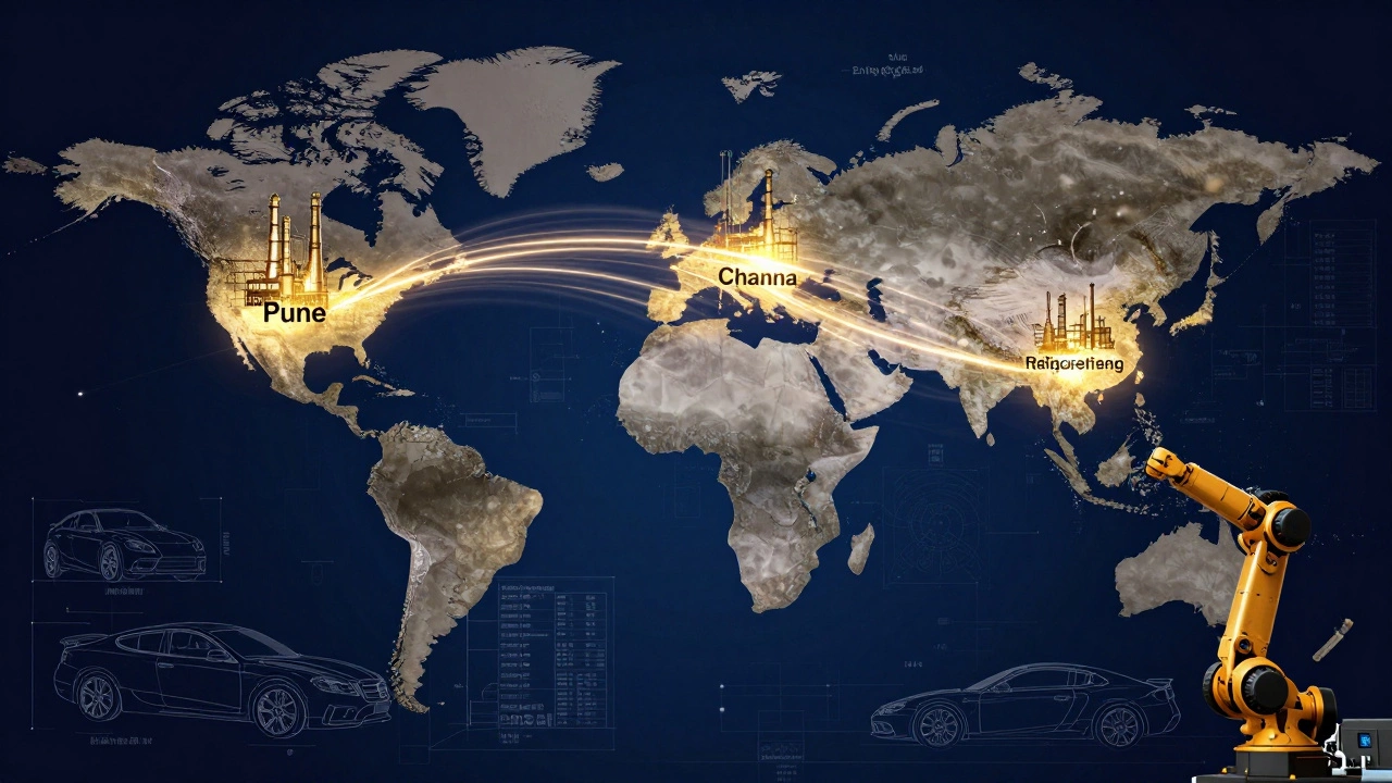 Abstract map showing automotive exports from India to global markets with futuristic blueprints.