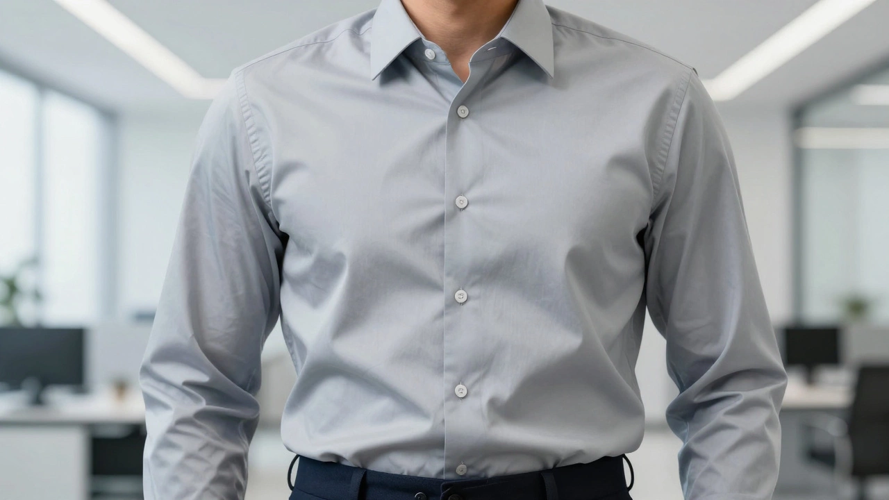 Close-up of a crisp, wrinkle-free poly-cotton corporate uniform
