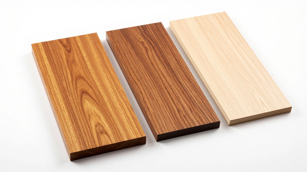 Comparison of teak, sheesham, and engineered wood samples on a white background