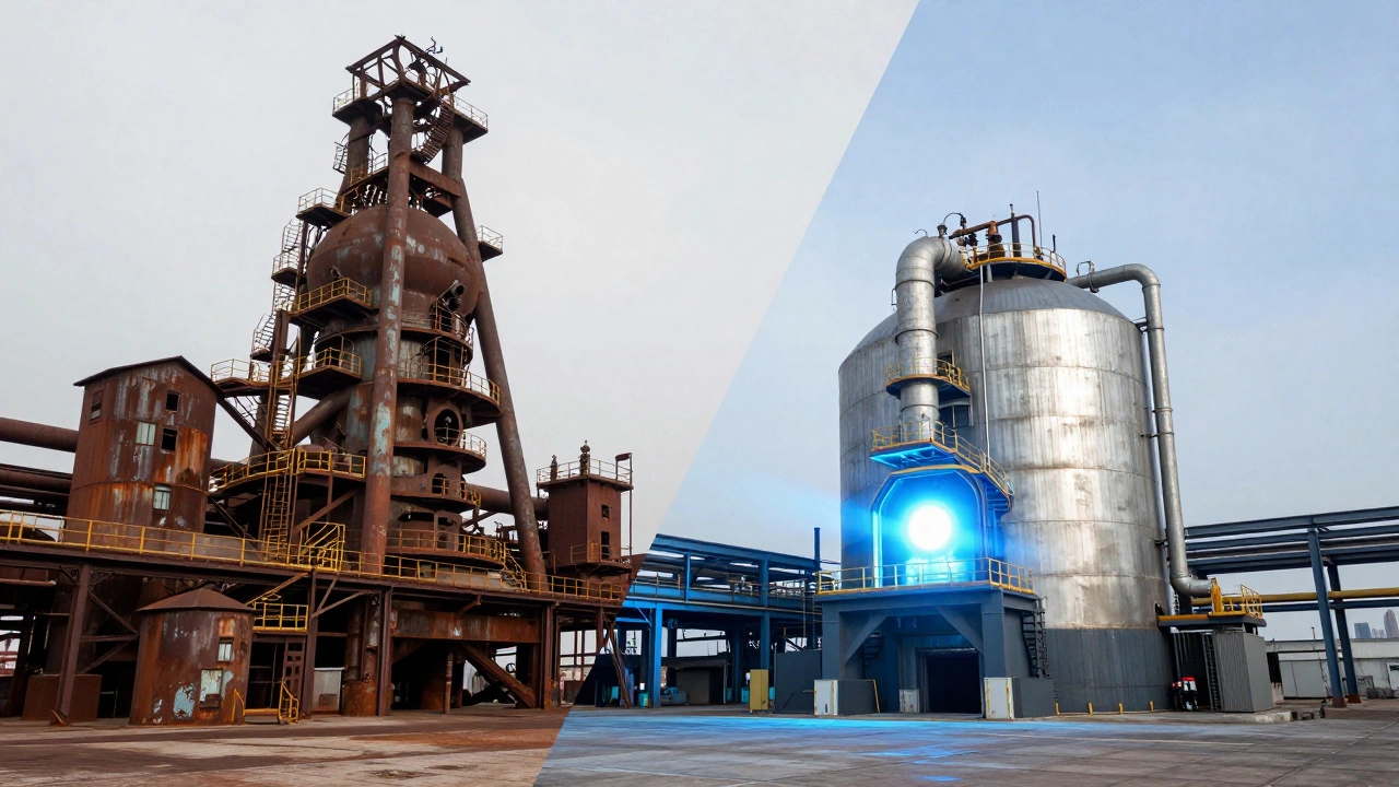 Contrast between a rusted vintage blast furnace and a modern electric arc steel furnace