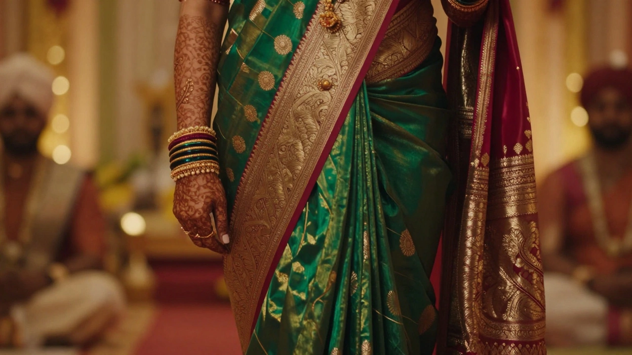 Elegant shimmering silk saree with gold embroidery for an Indian wedding