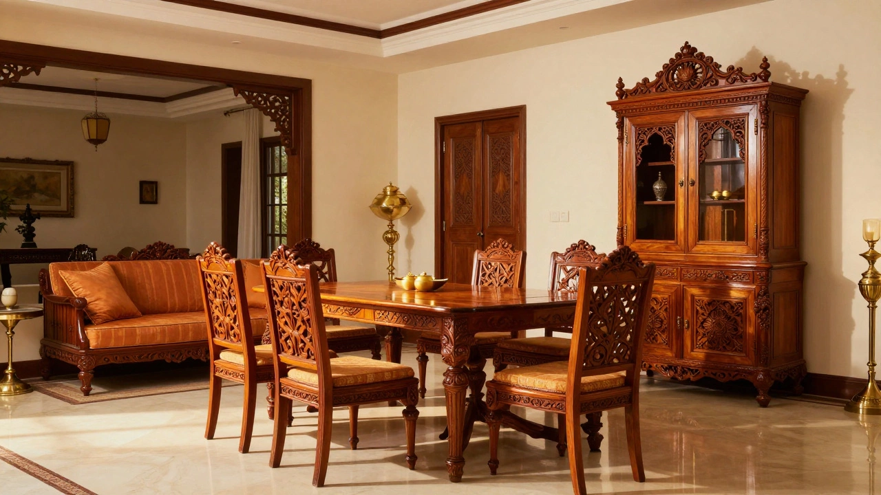 Traditional luxury Indian living room with hand-carved teak wood furniture