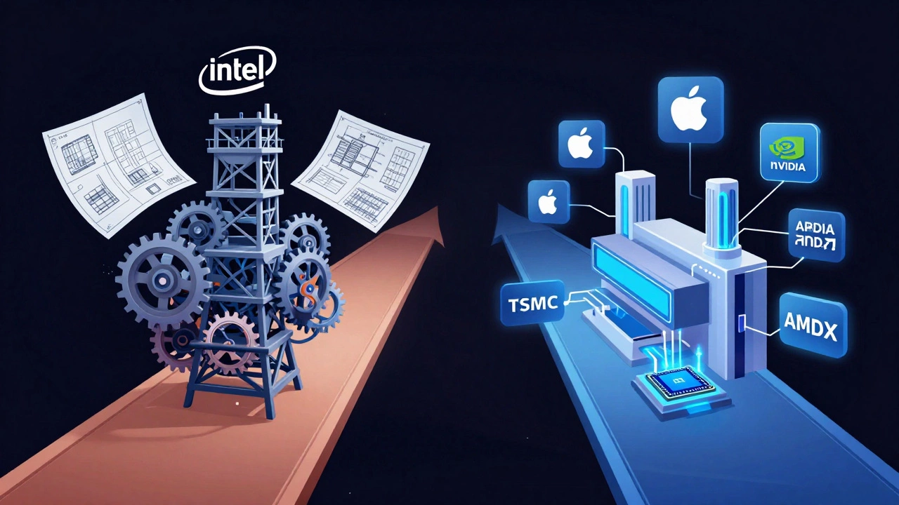 Abstract art showing diverging business strategies for chip manufacturing efficiency