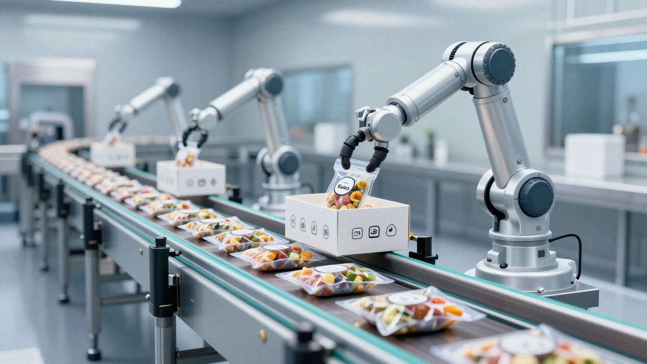 Automated conveyor belt packing vacuum-sealed meals