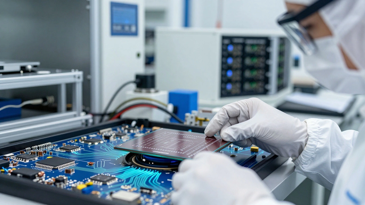 Close-up of a technician inspecting a silicon wafer in a semiconductor lab.
