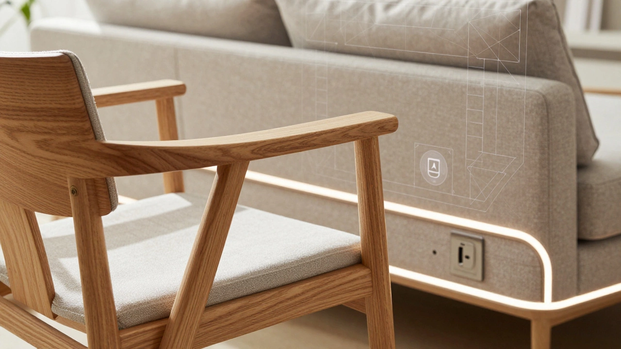 Close up of sustainable wooden chair and smart sofa with integrated lighting features