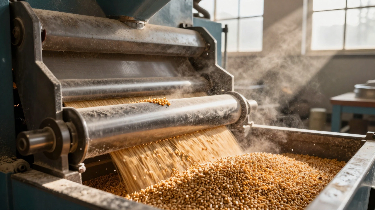 Close-up of wheat grains being milled into flour by heavy machinery in a bright facility