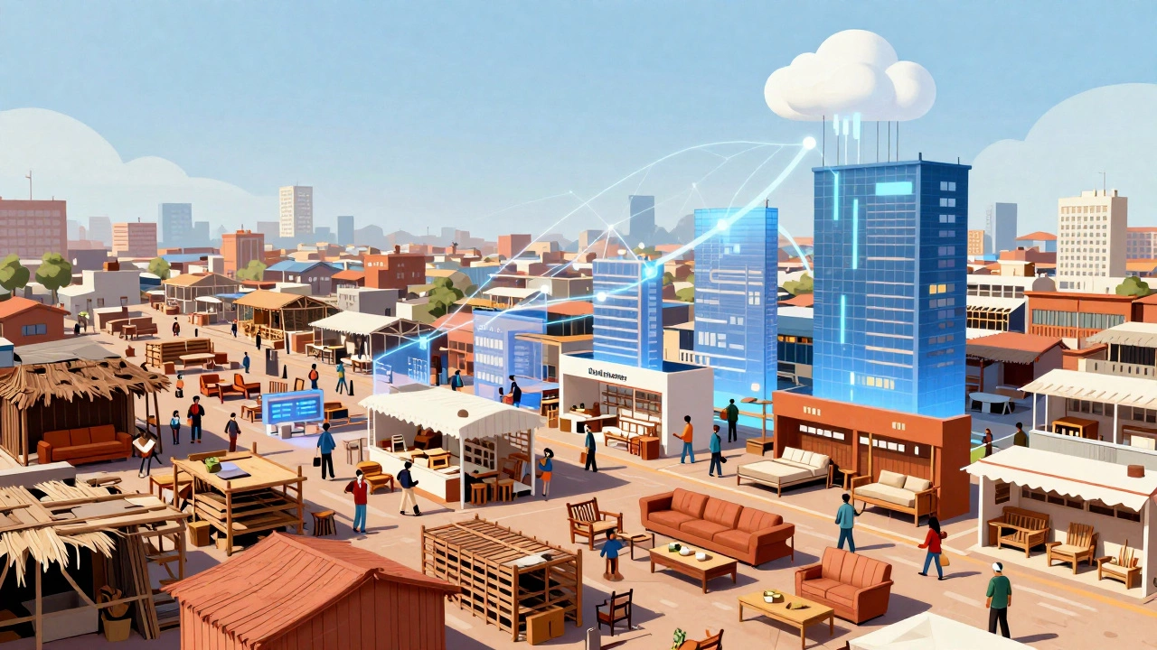 Conceptual art illustrating the transition from local workshops to modern retail networks
