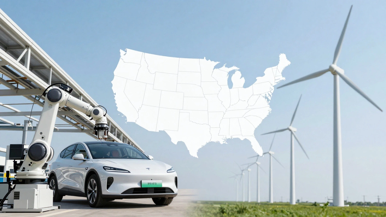 Conceptual image showing EV assembly and wind turbines for green manufacturing.