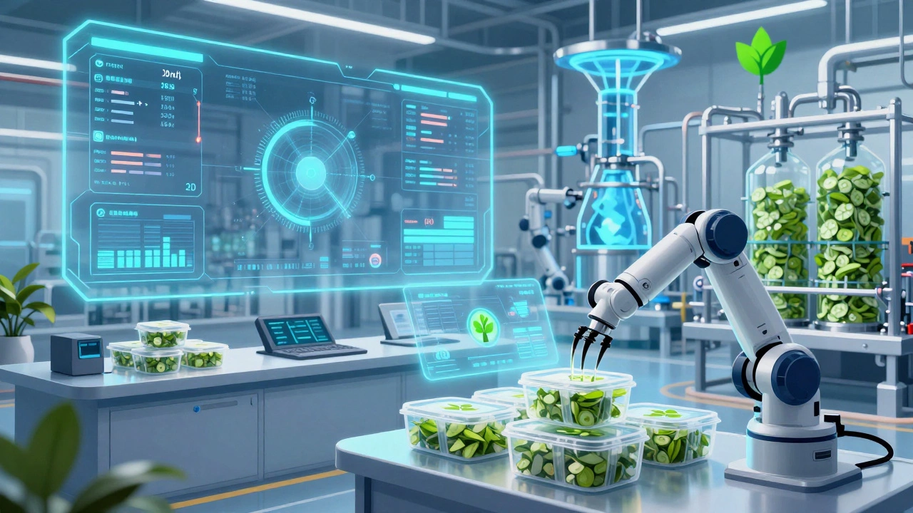 Futuristic food factory with robotics and holographic data displays for quality control