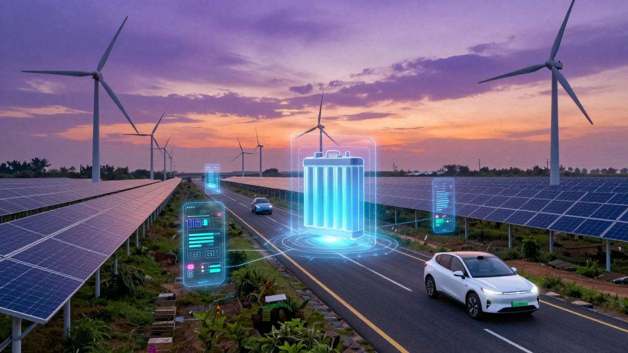 Futuristic highway with solar panels and holographic tech components.