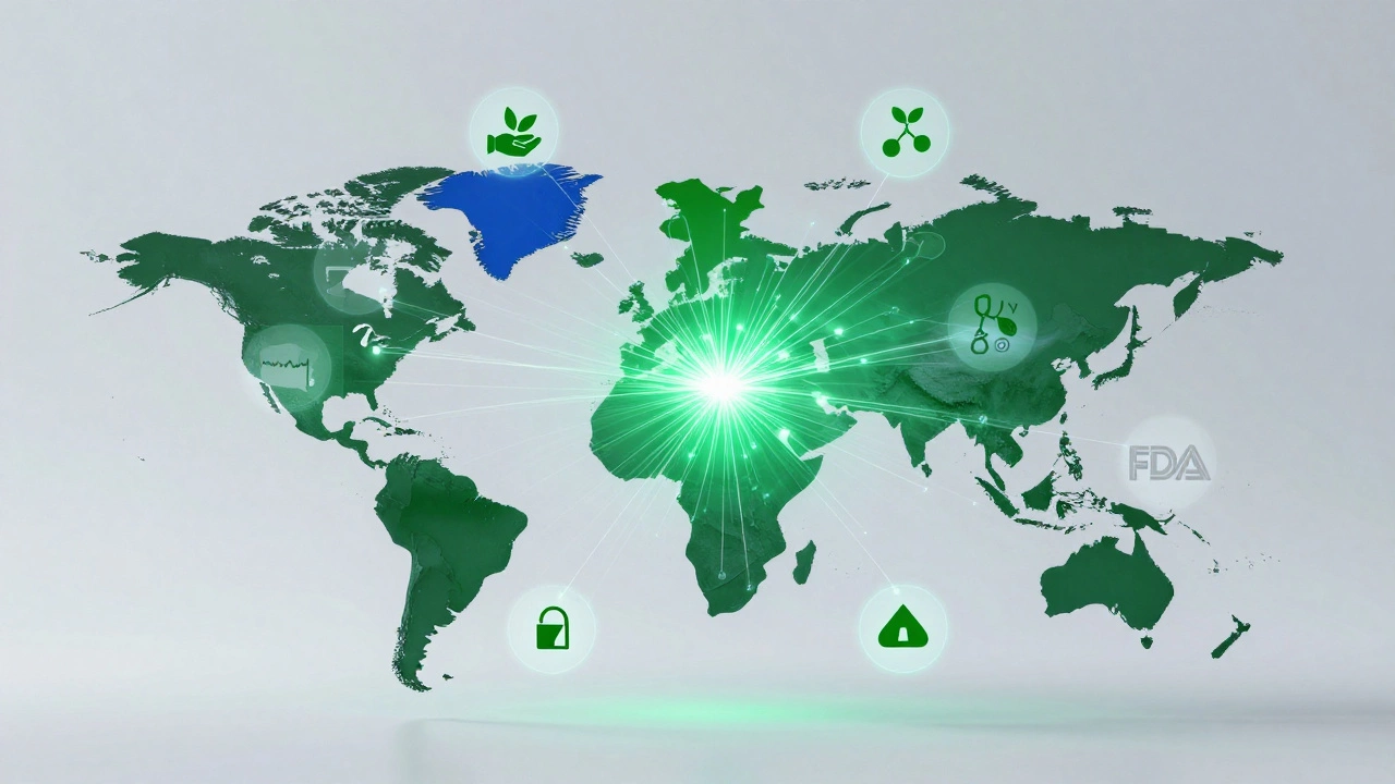 Glowing map of India connected to global hubs with symbols of regulatory compliance