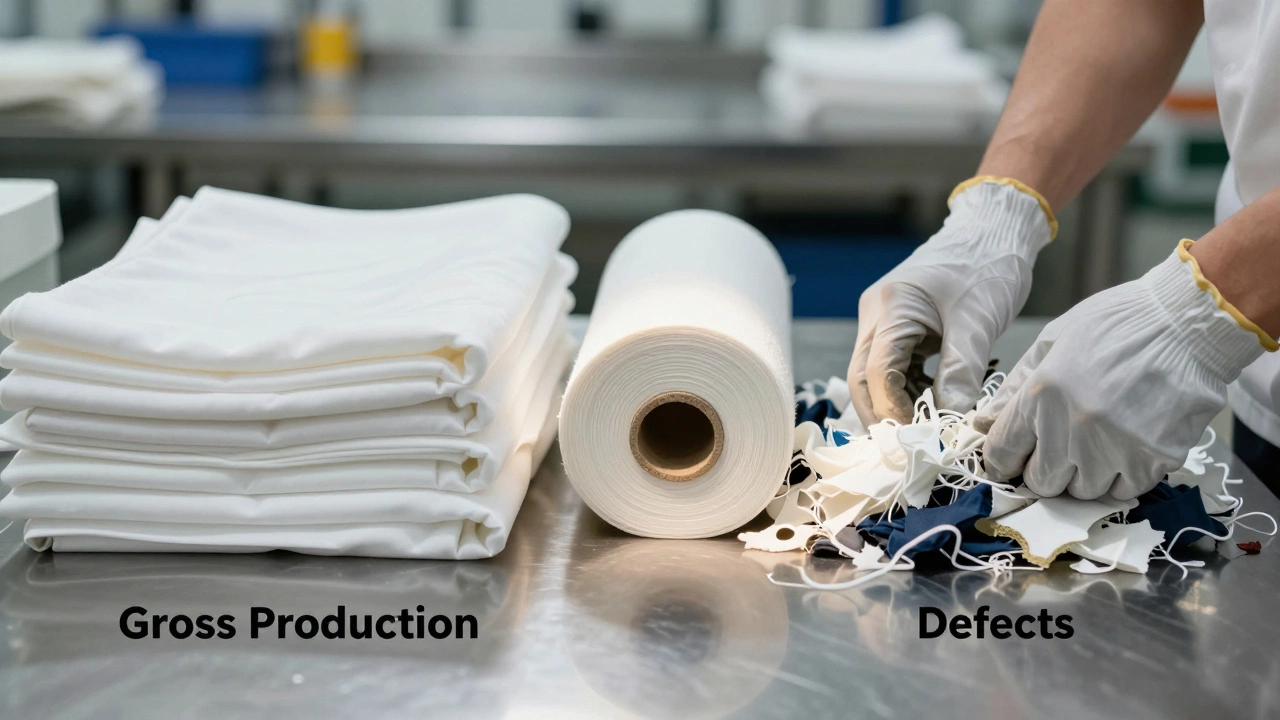 Hands separating good fabric from defective waste on a table