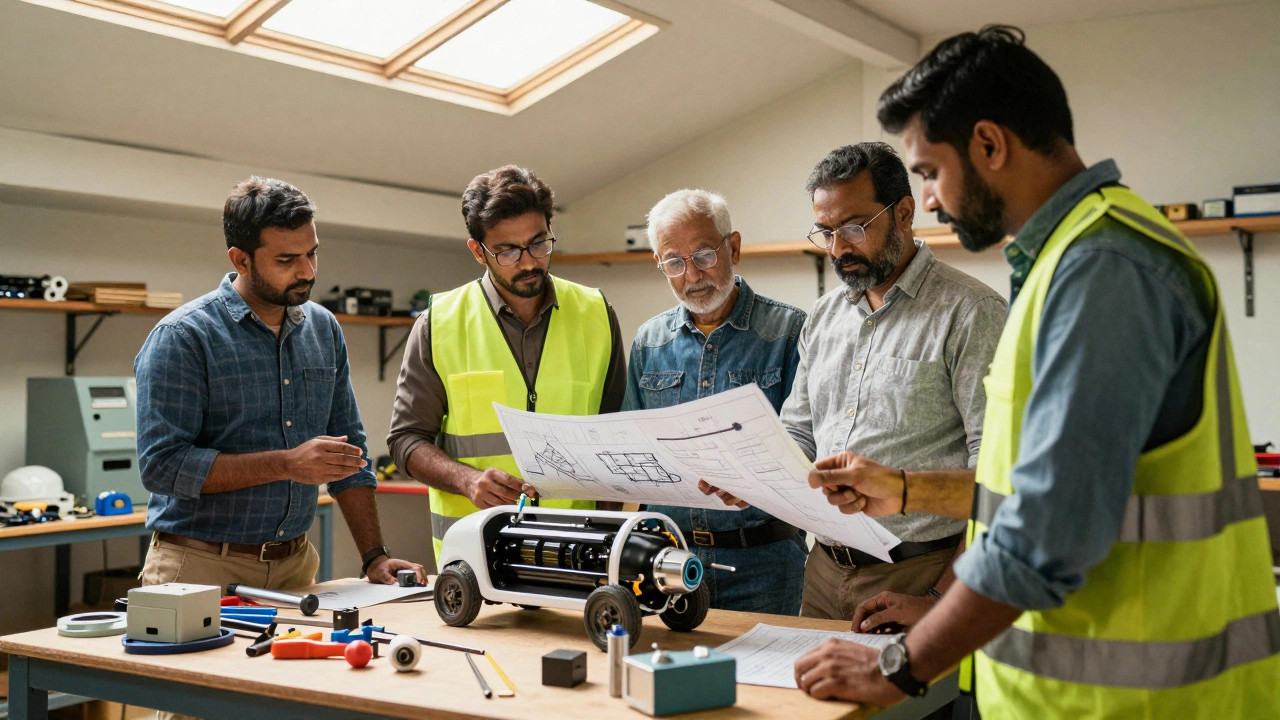 Indian engineers collaborating on EV components in a workshop
