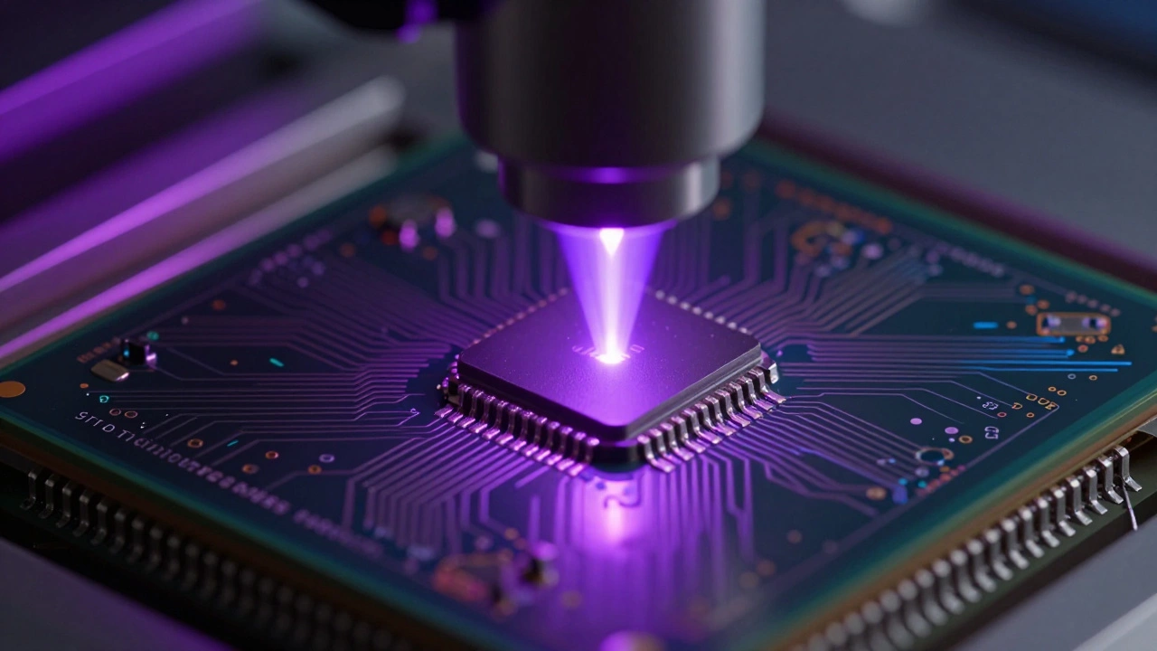 Macro view of EUV lithography etching precise circuits on a silicon chip