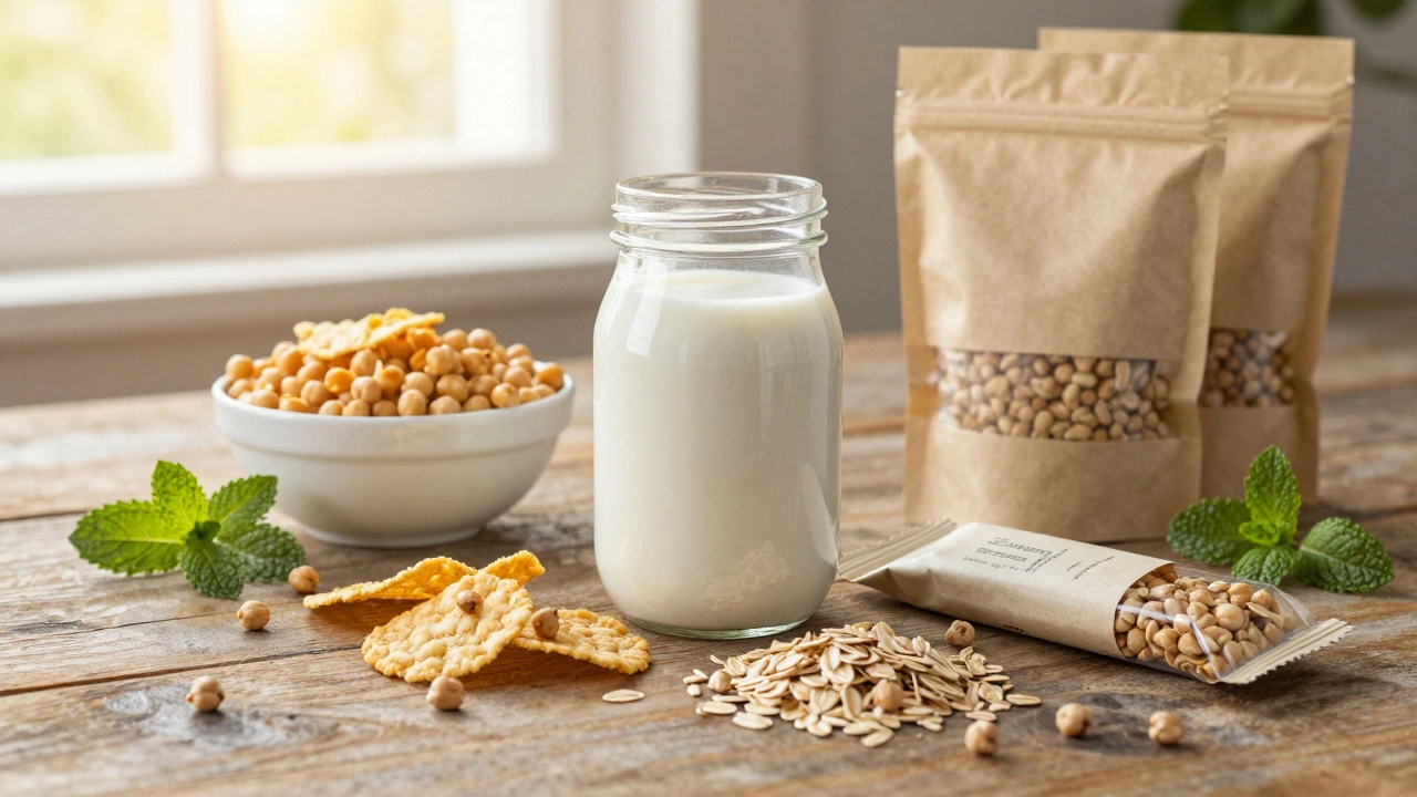 Oat milk and chickpea snacks on a rustic table
