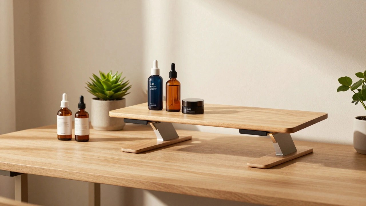 Organic skincare products and modular office furniture on a desk