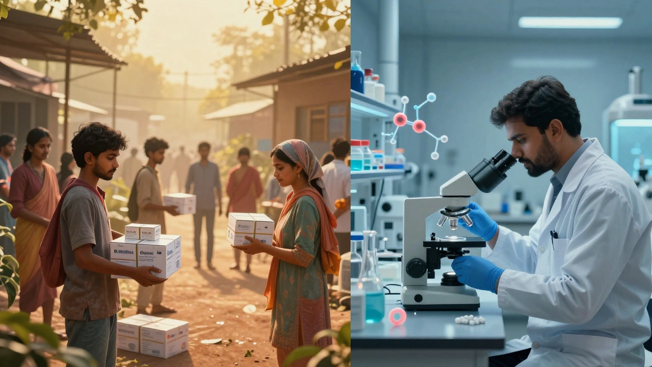 Split image showing medicine distribution in emerging markets and a high-tech biotech lab