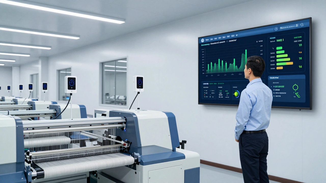 Supervisor monitoring real-time production data on a digital dashboard