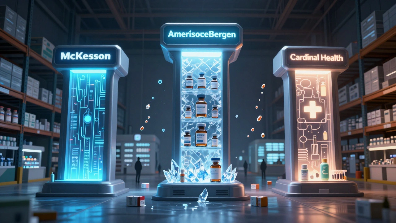 Three futuristic pillars representing Big 3 pharma distributors controlling flow