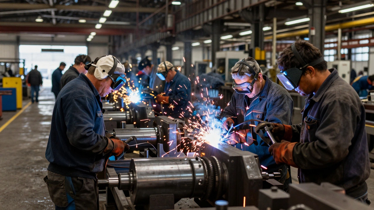 Workers welding steel components inside a busy Midwestern automotive plant.