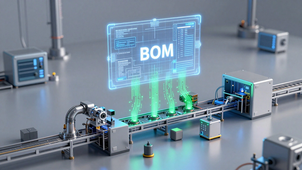 Abstract visualization of data flowing between product blueprints and assembly lines