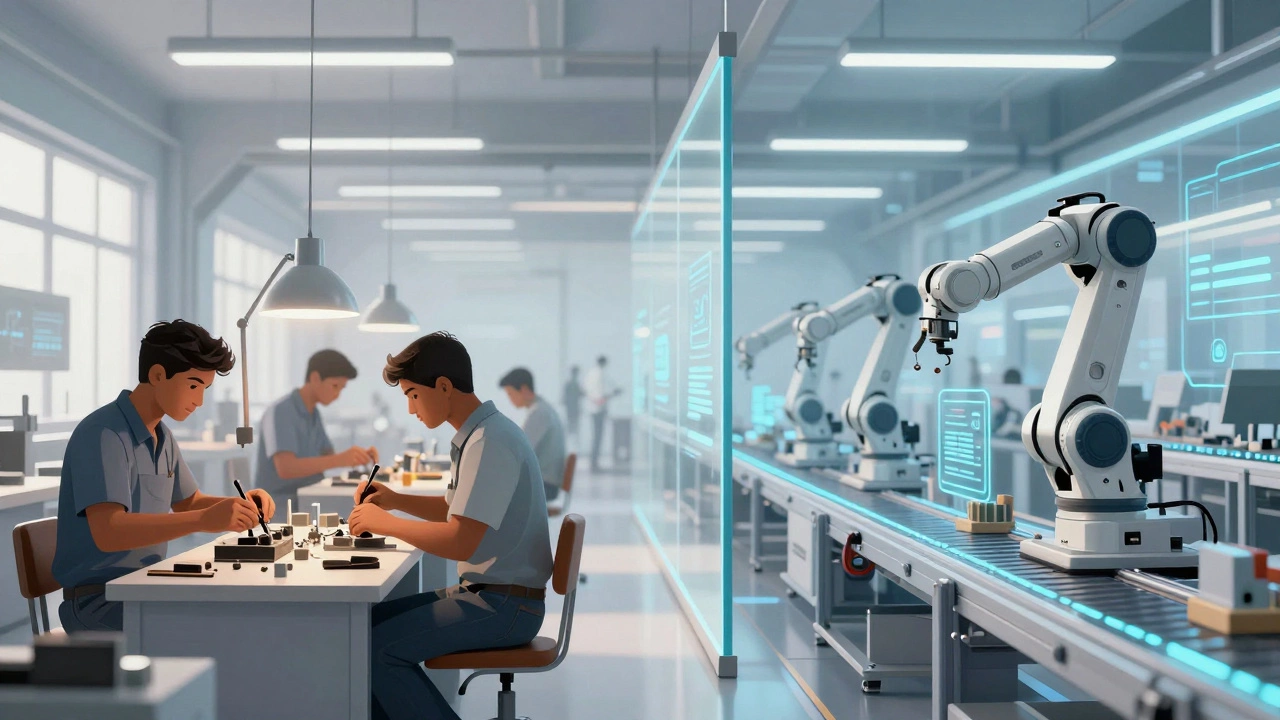 Contrast between manual small workshop and automated factory