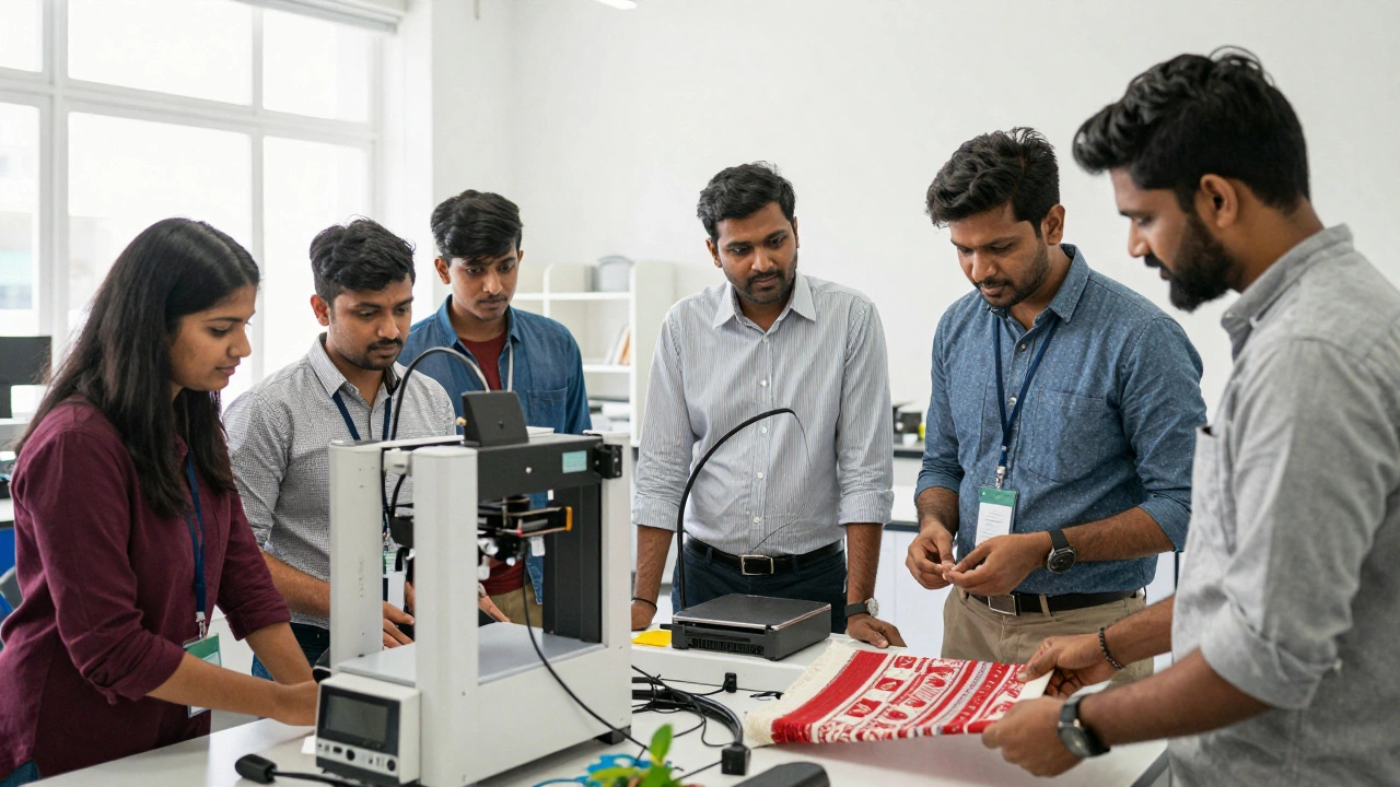 Entrepreneurs collaborating and sharing tools in a communal makerspace